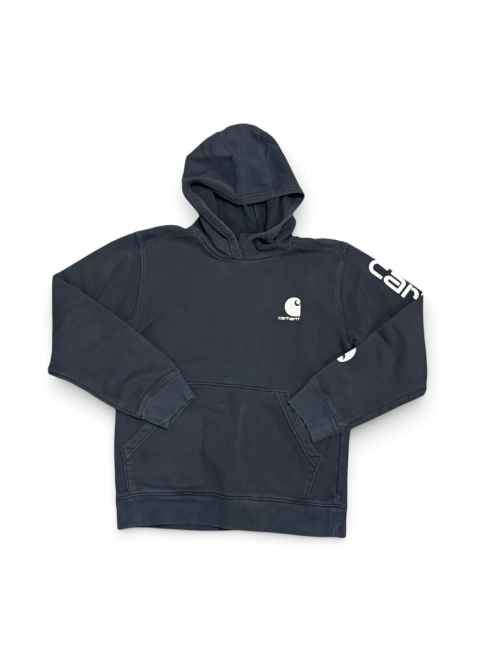 Carhartt Youth Black Pullover Hoodie Spellout Sleeve Logo Sweatshirt Sz L 14-16 - Picture 2 of 7